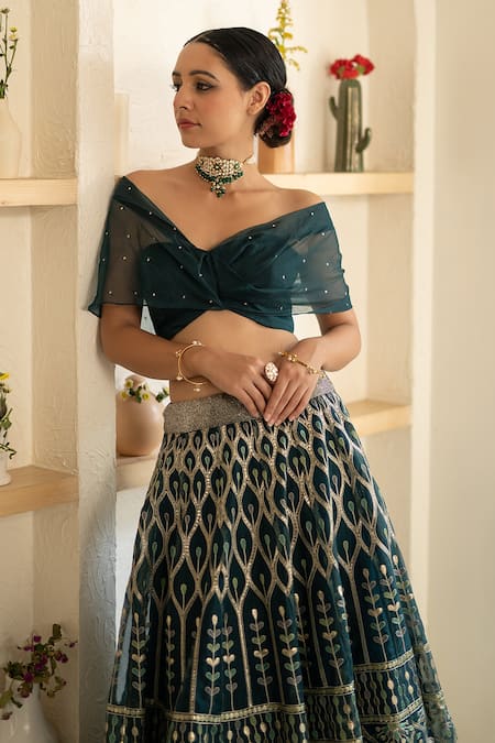 Shop_Studio Iris India_Green Organza One Shoulder Embroidered Lehenga And Blouse Set _Online_at_Aza_Fashions