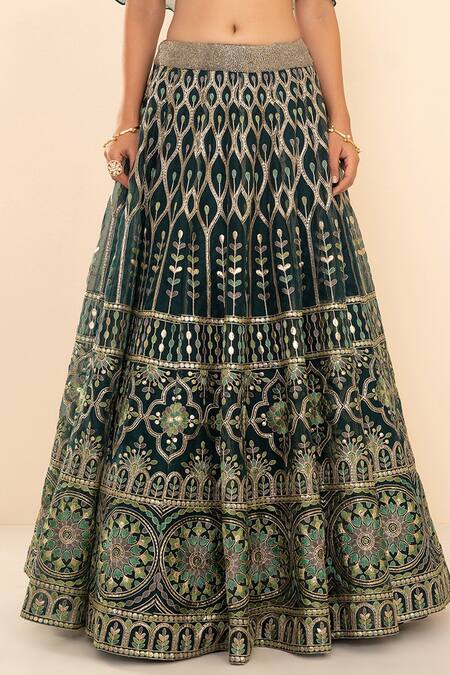Studio Iris India_Green Organza One Shoulder Embroidered Lehenga And Blouse Set _at_Aza_Fashions
