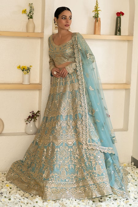 Studio Iris India Blue Organza Embroidery Scoop Neck Bridal Lehenga Set 