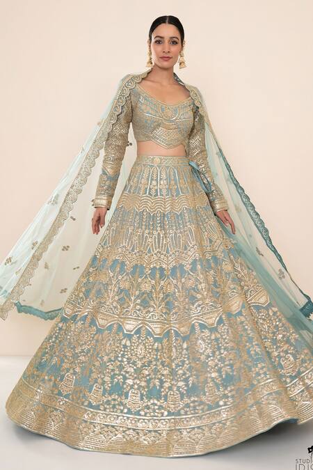 Studio Iris India Blue Organza Scoop Neck Embroidered Bridal Lehenga Set Online at Aza Fashions Studio Iris India_Blue Organza Scoop Neck Embroidered Bridal Lehenga Set _Online_at_Aza_Fashions