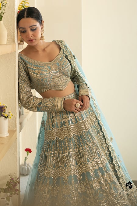 Buy Studio Iris India Blue Organza Scoop Neck Embroidered Bridal Lehenga Set Online at Aza Fashions Buy_Studio Iris India_Blue Organza Scoop Neck Embroidered Bridal Lehenga Set _Online_at_Aza_Fashions