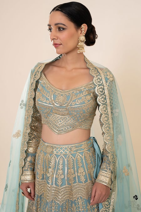 Shop Studio Iris India Blue Organza Scoop Neck Embroidered Bridal Lehenga Set Online at Aza Fashions Shop_Studio Iris India_Blue Organza Scoop Neck Embroidered Bridal Lehenga Set _Online_at_Aza_Fashions