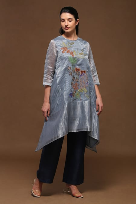 Oja Blue Kurta Handloom Tissue Silk, Pant Linen Satin Floral Round And Set 