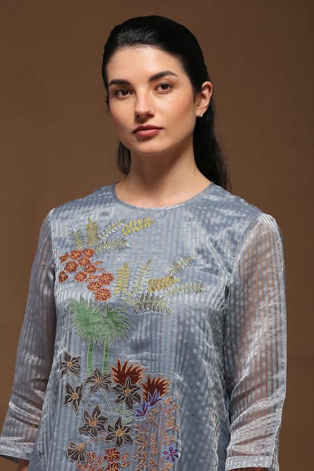 Oja_Blue Kurta Handloom Tissue Silk, Pant Linen Satin Floral Round And Set _Online_at_Aza_Fashions