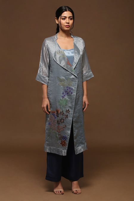 Oja Blue Bustier Satin, Jacket Handloom Tissue Silk, Pant And Set 