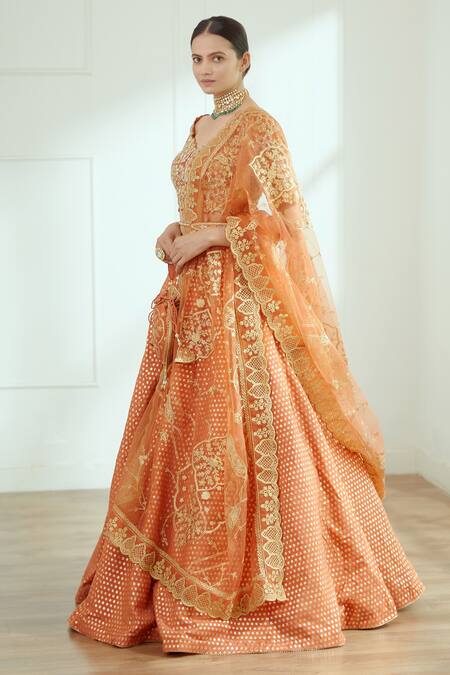 Studio Iris India_Orange Organza, Net, Chanderi Silk Cutdana Work, Jodha Bridal Lehenga Set_Online_at_Aza_Fashions