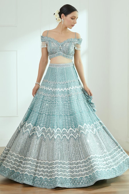 Studio Iris India Blue Organza Embroidered Mirror Work Sweetheart Estella Lehenga Set 