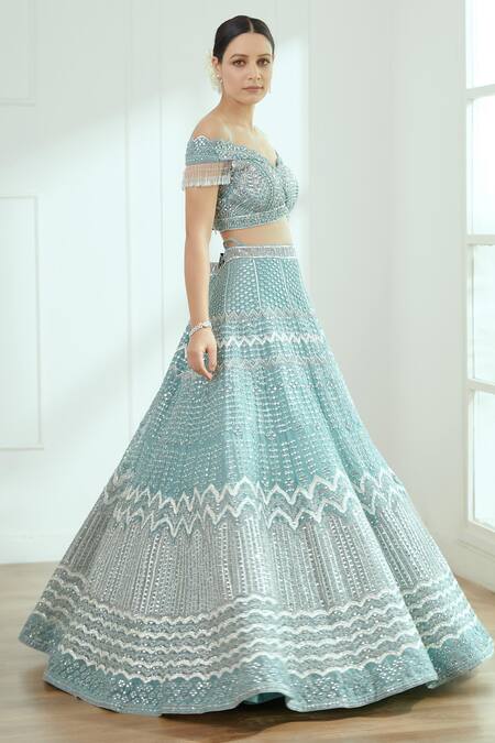 Studio Iris India_Blue Organza, Net Bead Work, Mirror Work, Sequins Estella Lehenga Set_Online_at_Aza_Fashions