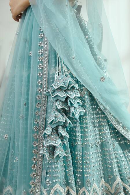 Shop_Studio Iris India_Blue Organza, Net Bead Work, Mirror Work, Sequins Estella Lehenga Set_Online_at_Aza_Fashions