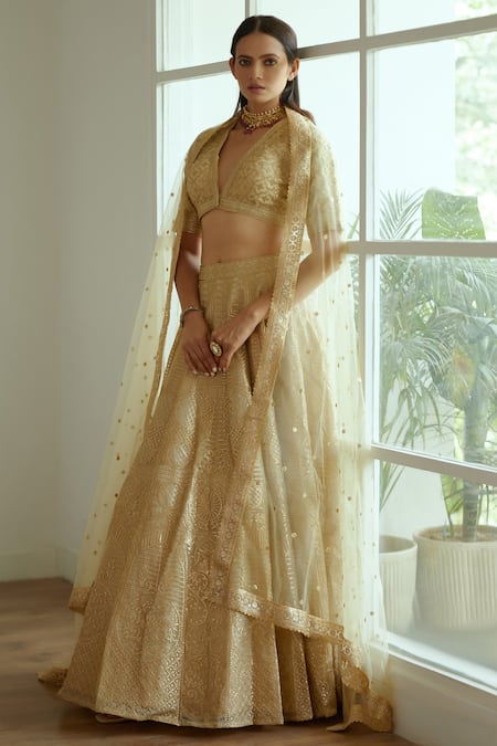 Studio Iris India_Gold Raw Silk Sequin , Thread Melora Embroidered Bridal Lehenga Set _Online_at_Aza_Fashions
