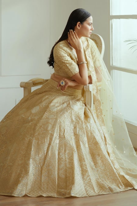 Buy_Studio Iris India_Gold Raw Silk Sequin , Thread Melora Embroidered Bridal Lehenga Set _Online_at_Aza_Fashions
