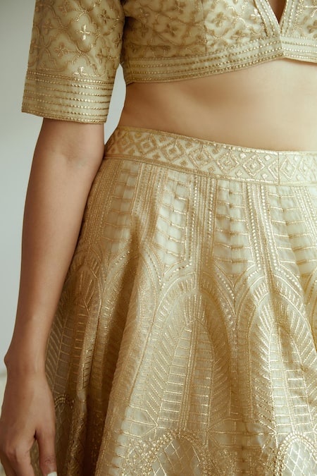 Shop_Studio Iris India_Gold Raw Silk Sequin , Thread Melora Embroidered Bridal Lehenga Set _Online_at_Aza_Fashions