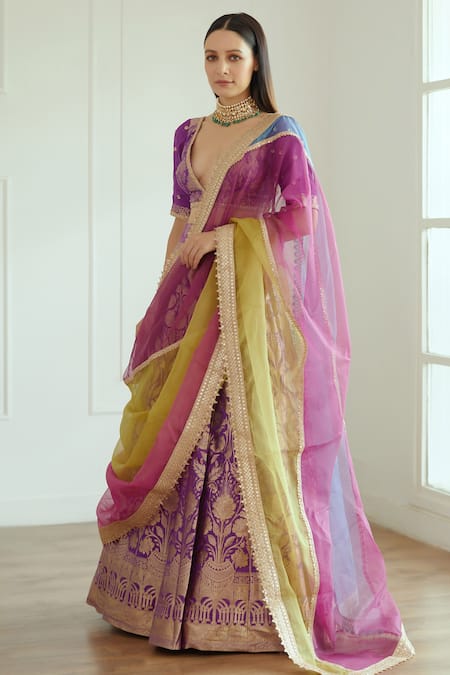 Buy_Studio Iris India_Purple Organza, Banarasi Silk Sequin , Thread Shehnaaz Lehenga Set _Online_at_Aza_Fashions