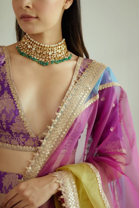 Shop_Studio Iris India_Purple Organza, Banarasi Silk Sequin , Thread Shehnaaz Lehenga Set _Online_at_Aza_Fashions