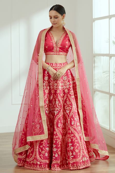 Buy Pink Raw Silk Embroidered Sequin Work Plunge Rani Bridal Lehenga ...