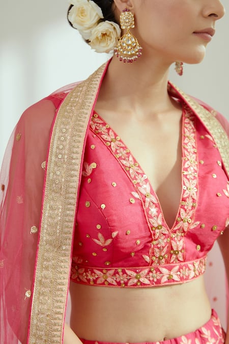 Buy_Studio Iris India_Pink Raw Silk Sequin , Thread Rani Embroidered Bridal Lehenga Set_Online_at_Aza_Fashions