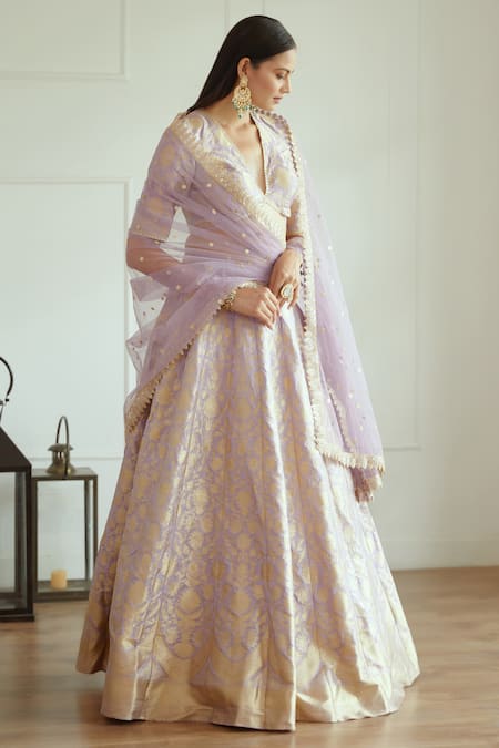 Studio Iris India_Purple Net, Banarasi Silk Sequin , Thread Plunge Inayat Lehenga Set _Online_at_Aza_Fashions
