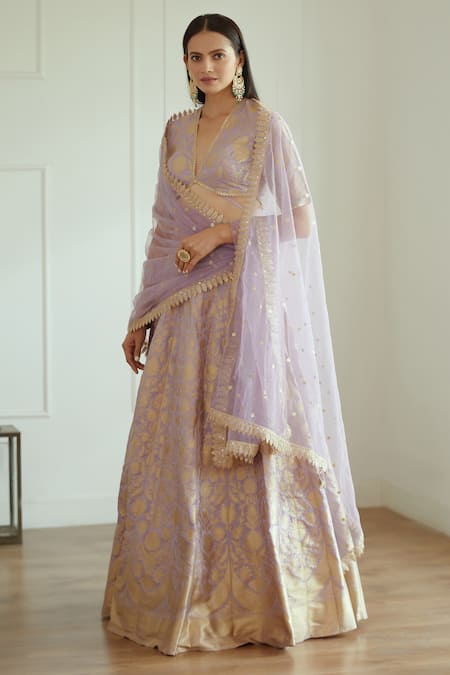 Buy_Studio Iris India_Purple Net, Banarasi Silk Sequin , Thread Plunge Inayat Lehenga Set _Online_at_Aza_Fashions