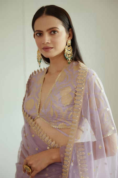 Shop_Studio Iris India_Purple Net, Banarasi Silk Sequin , Thread Plunge Inayat Lehenga Set _Online_at_Aza_Fashions