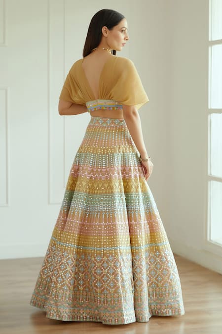 Shop_Studio Iris India_Multi Color Georgette Mirror Work, Thread Meher Embroidered Choli And Lehenga Set _at_Aza_Fashions