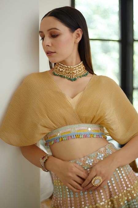 Shop_Studio Iris India_Multi Color Georgette Mirror Work, Thread Meher Embroidered Choli And Lehenga Set _Online_at_Aza_Fashions