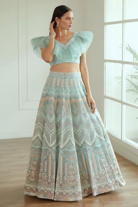 Studio Iris India_Blue Organza, Georgette Bead Work, Mirror Amrin Embroidered Choli And Lehenga Set_Online_at_Aza_Fashions