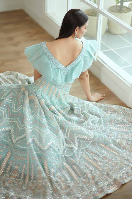 Buy_Studio Iris India_Blue Organza, Georgette Bead Work, Mirror Amrin Embroidered Choli And Lehenga Set_Online_at_Aza_Fashions