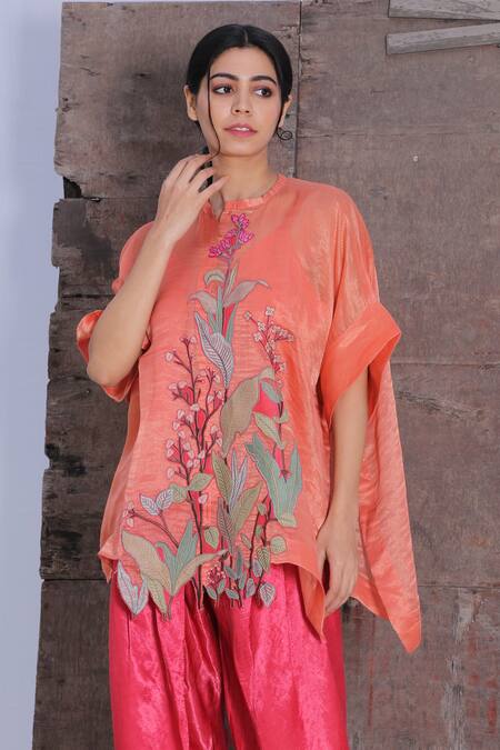 Buy_Oja_Pink Bustier Silk, Pant Handloom Silk, Tunic And Tulip Set _Online_at_Aza_Fashions