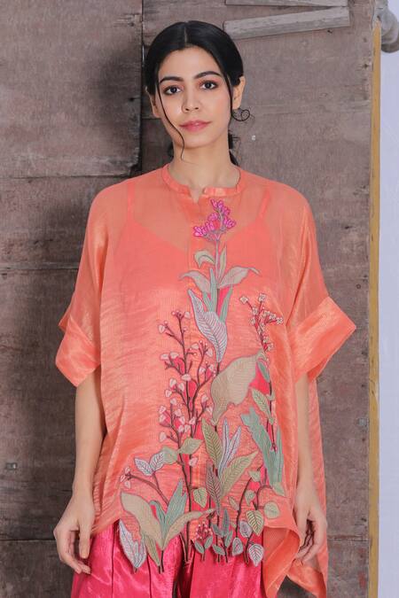 Shop_Oja_Pink Bustier Silk, Pant Handloom Silk, Tunic And Tulip Set _Online_at_Aza_Fashions