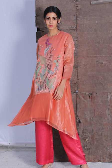 Shop Oja Pink Kurta Linen , Pant Tissue Applique And Set at Aza Fashions Shop_Oja_Pink Kurta Linen , Pant Tissue Applique And Set _at_Aza_Fashions