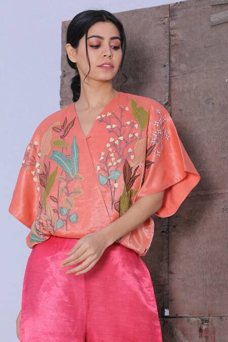 Oja_Pink Pant Tissue , Shirt Linen Applique And Set _Online_at_Aza_Fashions