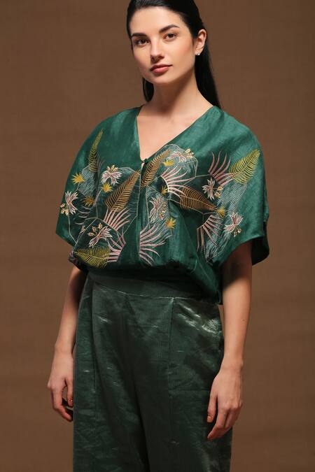 Oja_Green Pant Tissue , Shirt Handloom Linen Floral V Applique And Set _Online_at_Aza_Fashions