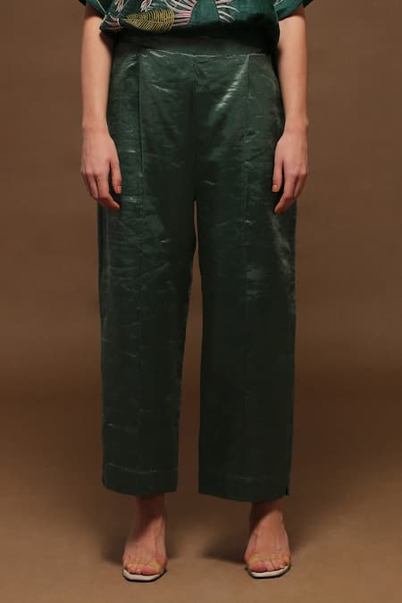 Buy_Oja_Green Pant Tissue , Shirt Handloom Linen Floral V Applique And Set _Online_at_Aza_Fashions