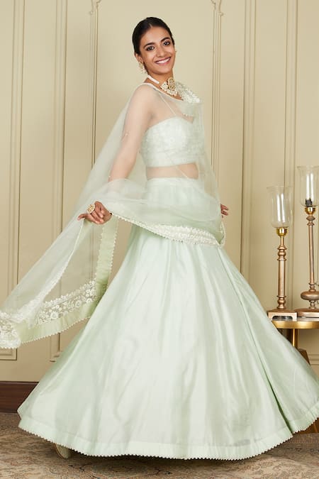 Sheetal Batra_Green Blouse And Lehenga Pure Habutai Dupatta Silk Sanaira Embroidered Set_Online_at_Aza_Fashions