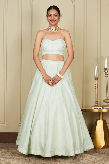 Buy_Sheetal Batra_Green Blouse And Lehenga Pure Habutai Dupatta Silk Sanaira Embroidered Set_Online_at_Aza_Fashions