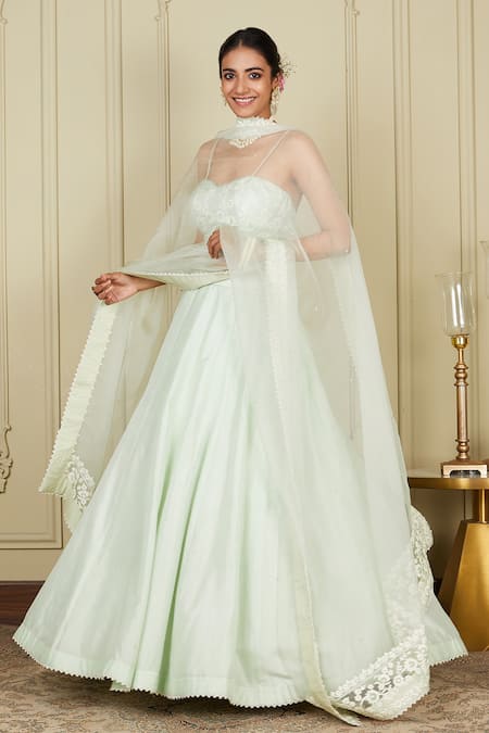 Shop_Sheetal Batra_Green Blouse And Lehenga Pure Habutai Dupatta Silk Sanaira Embroidered Set_Online_at_Aza_Fashions