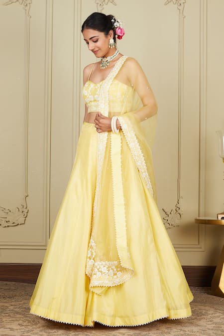 Shop_Sheetal Batra_Yellow Blouse And Lehenga Pure Habutai Dupatta Silk Samrina Embroidered Set_Online_at_Aza_Fashions