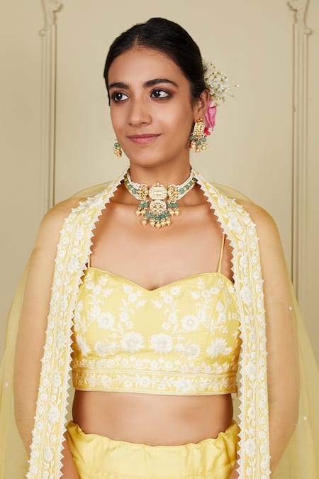 Sheetal Batra_Yellow Blouse And Lehenga Pure Habutai Dupatta Silk Samrina Embroidered Set_at_Aza_Fashions