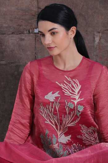 Oja_Pink Pant Linen Satin, Tunic Handloom Tissue Silk Floral Applique And Set _Online_at_Aza_Fashions