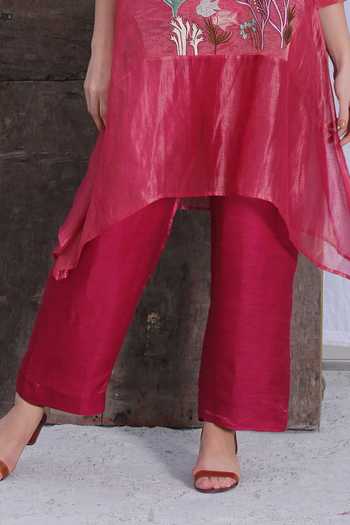 Buy_Oja_Pink Pant Linen Satin, Tunic Handloom Tissue Silk Floral Applique And Set _Online_at_Aza_Fashions