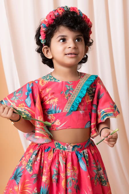 Lil Angels_Pink Muslin, Cotton Gota Patti, Ruffles Peacock Print Blouse And Lehenga Set _Online_at_Aza_Fashions