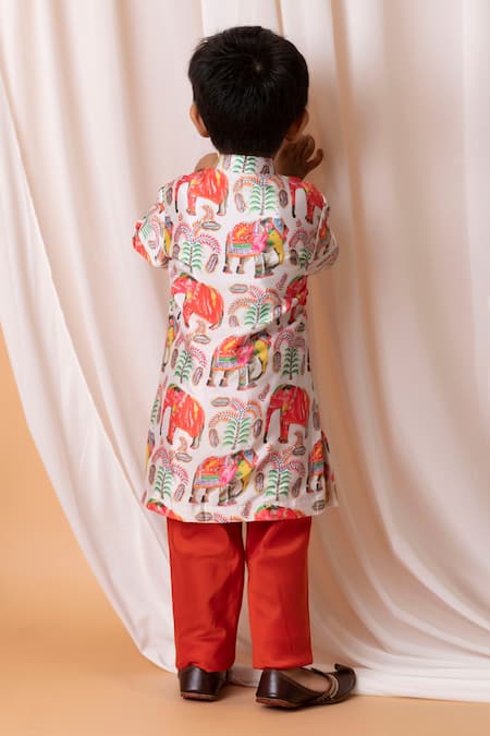 Shop_Lil Angels_Red Kota Doria, Cotton Elephant Print Kurta Set _at_Aza_Fashions