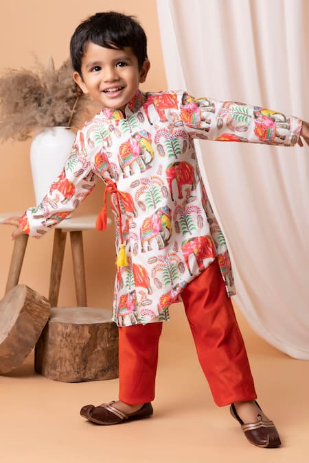 Lil Angels_Red Kota Doria, Cotton Elephant Print Kurta Set _Online_at_Aza_Fashions