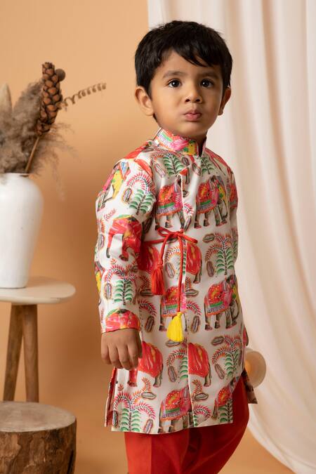 Buy_Lil Angels_Red Kota Doria, Cotton Elephant Print Kurta Set _Online_at_Aza_Fashions