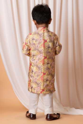 Shop Lil Angels Yellow Kota Doria, Cotton Bird Of Paradise Kurta Set at Aza Fashions Shop_Lil Angels_Yellow Kota Doria, Cotton Bird Of Paradise Kurta Set _at_Aza_Fashions