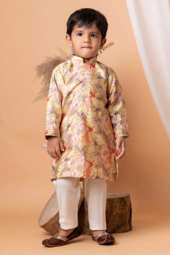 Lil Angels Yellow Kota Doria, Cotton Bird Of Paradise Kurta Set Online at Aza Fashions Lil Angels_Yellow Kota Doria, Cotton Bird Of Paradise Kurta Set _Online_at_Aza_Fashions