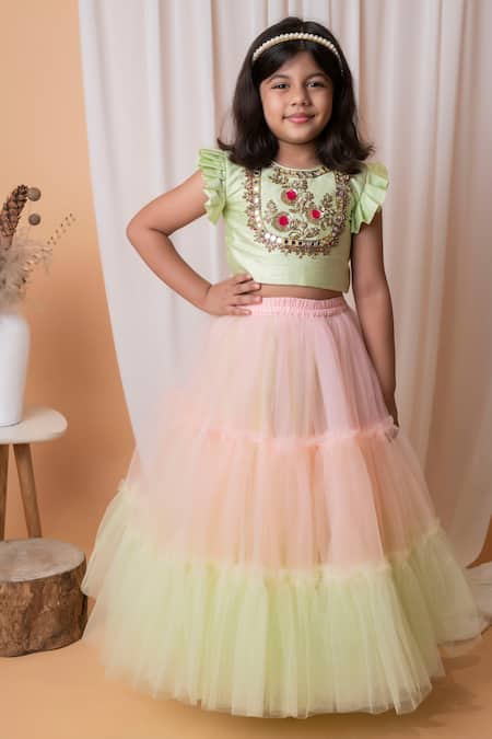 Lil Angels Floral Embroidered Blouse & Lehenga Set 