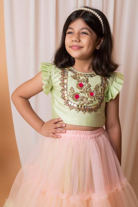 Lil Angels_Green Cotton, Net Embroidery, Sequins, Mirrors Floral Blouse And Lehenga Set _Online_at_Aza_Fashions