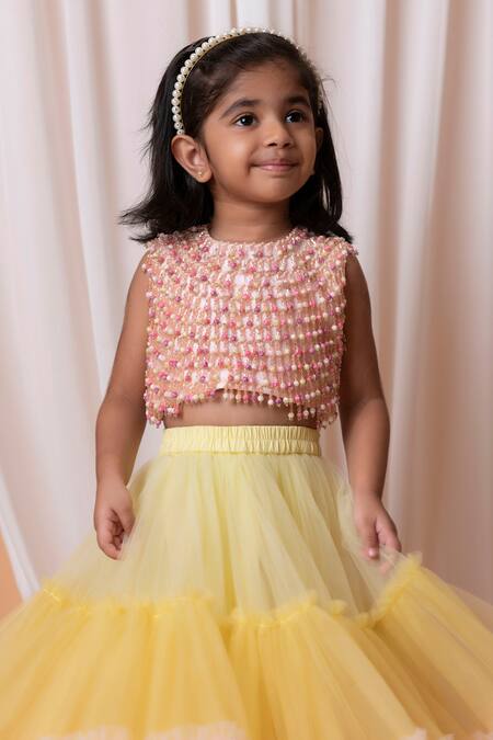 Lil Angels_Multi Color Cotton, Net Beads Embellished Blouse And Lehenga Set _Online_at_Aza_Fashions
