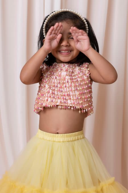 Buy_Lil Angels_Multi Color Cotton, Net Beads Embellished Blouse And Lehenga Set _Online_at_Aza_Fashions